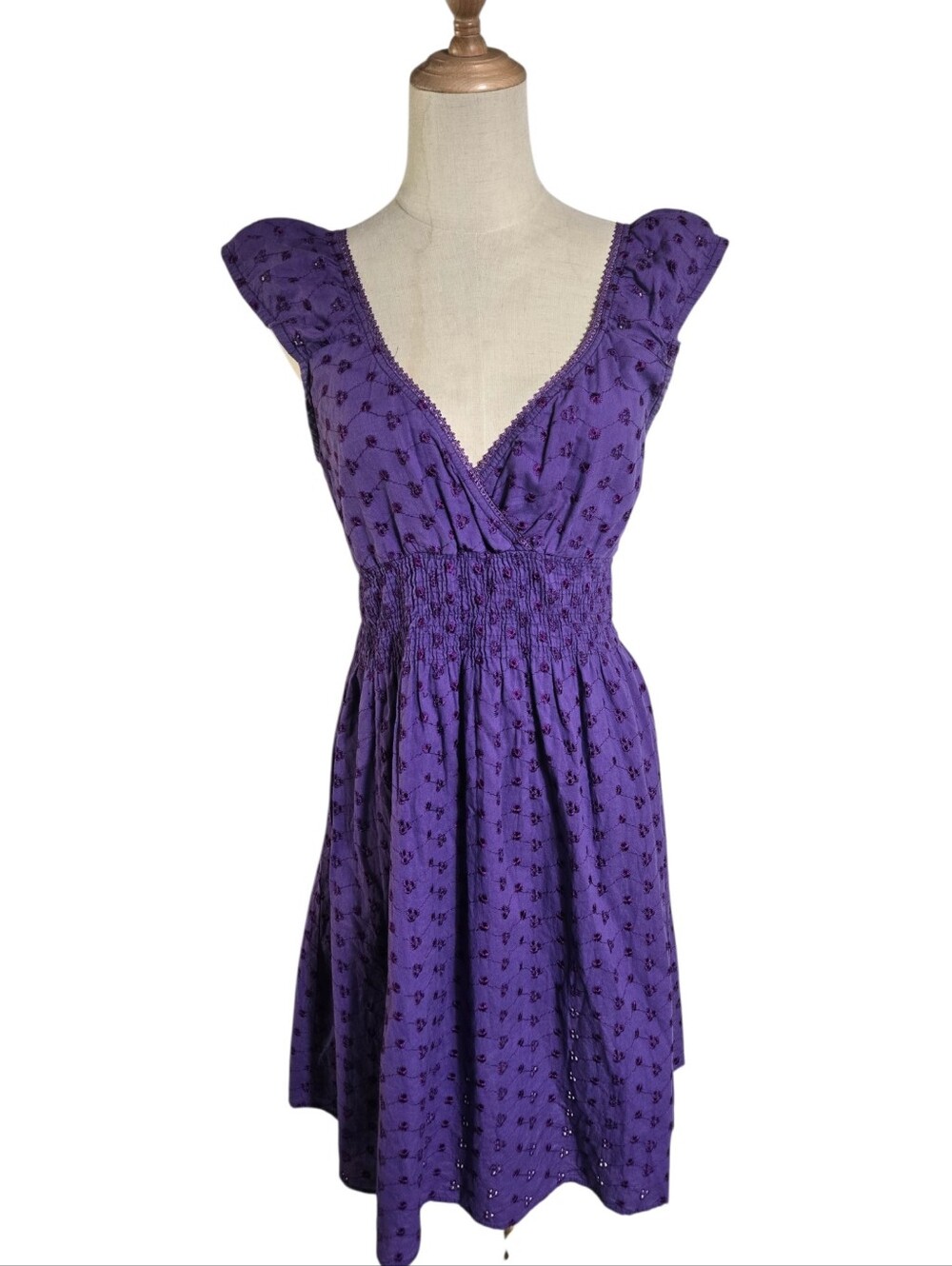 Speed Central Purple Cottagecore Smocked Waist Eyelet  Dress